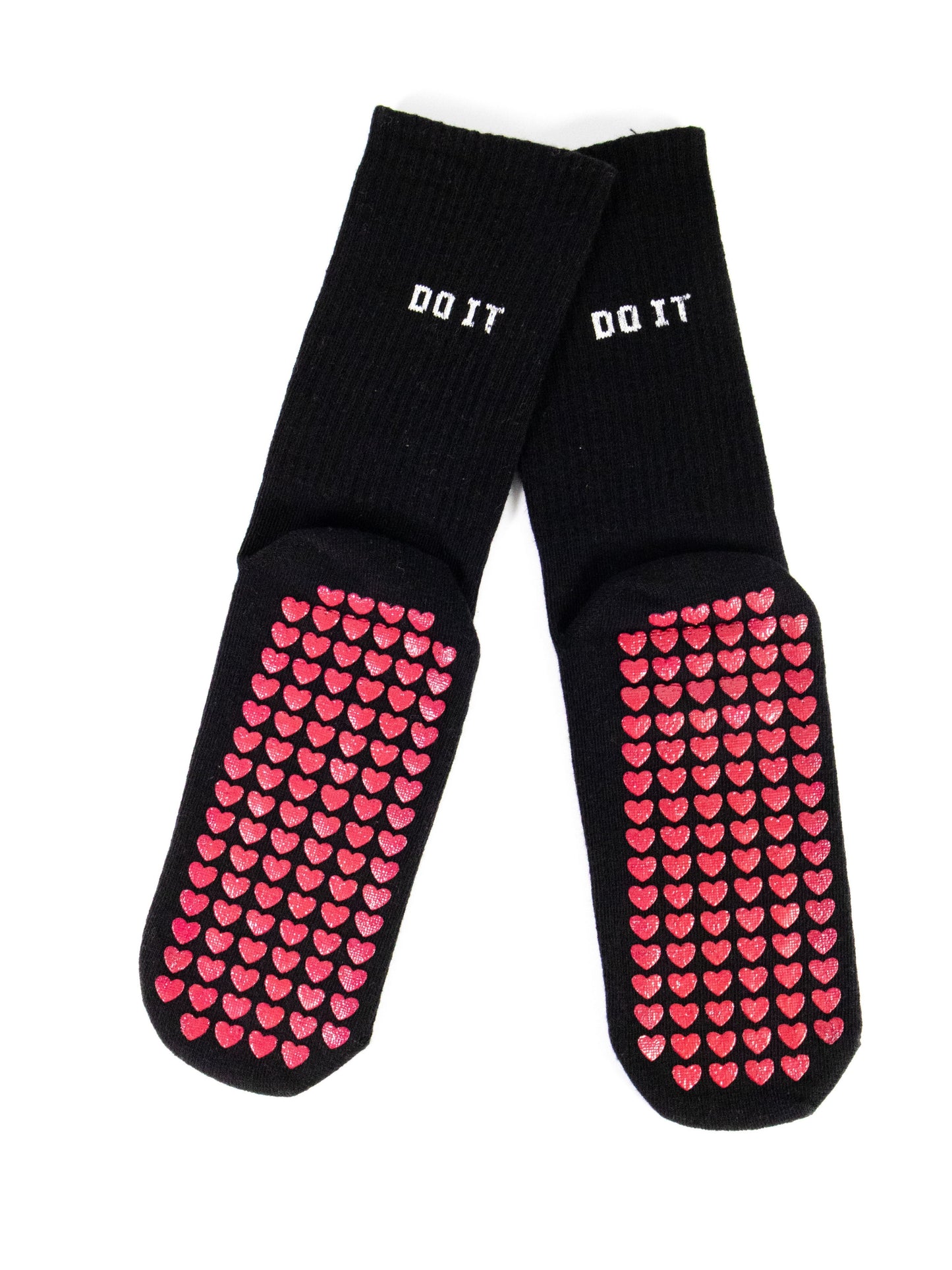 Anti-Slip Pilates & Yoga Crew Socks with Red Heart Silicone Grip – Black (Unisex)