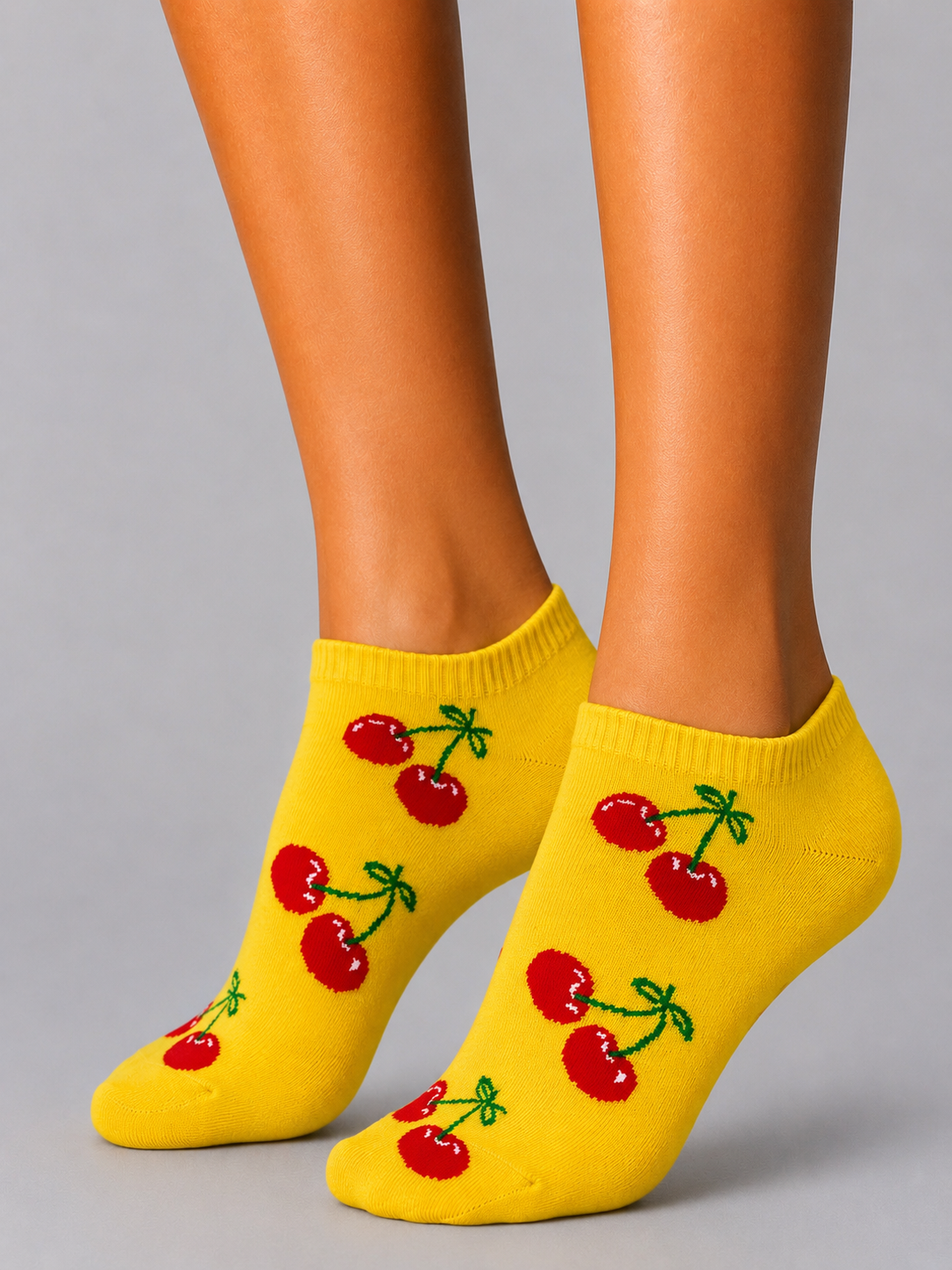 Short Cherry Patterned Yellow Socks (Women’s)
