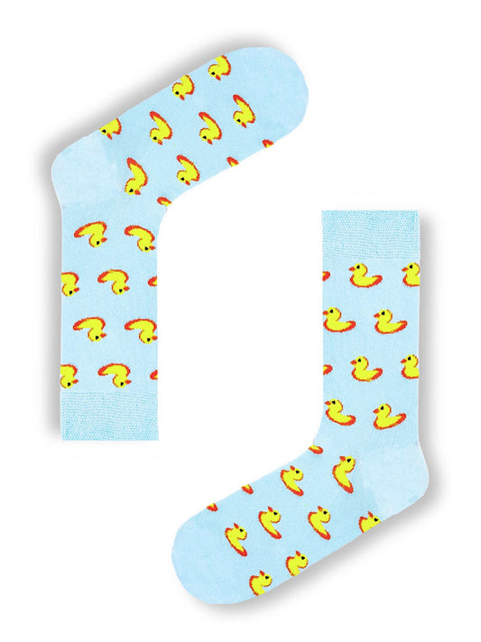 Baby blue socks with cute rubber duck pattern, soft and cozy novelty socks.