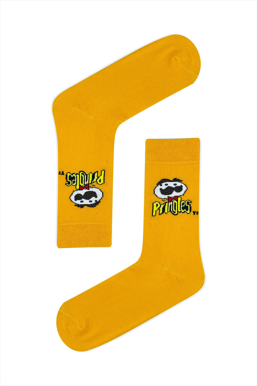 Orange socks with the Pringles logo, fun and snack-themed design for chip lovers.