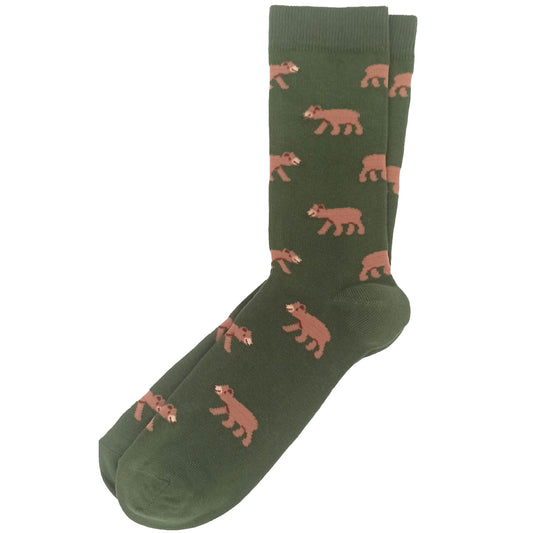 Green socks with cute bear illustrations, cozy and fun novelty socks.