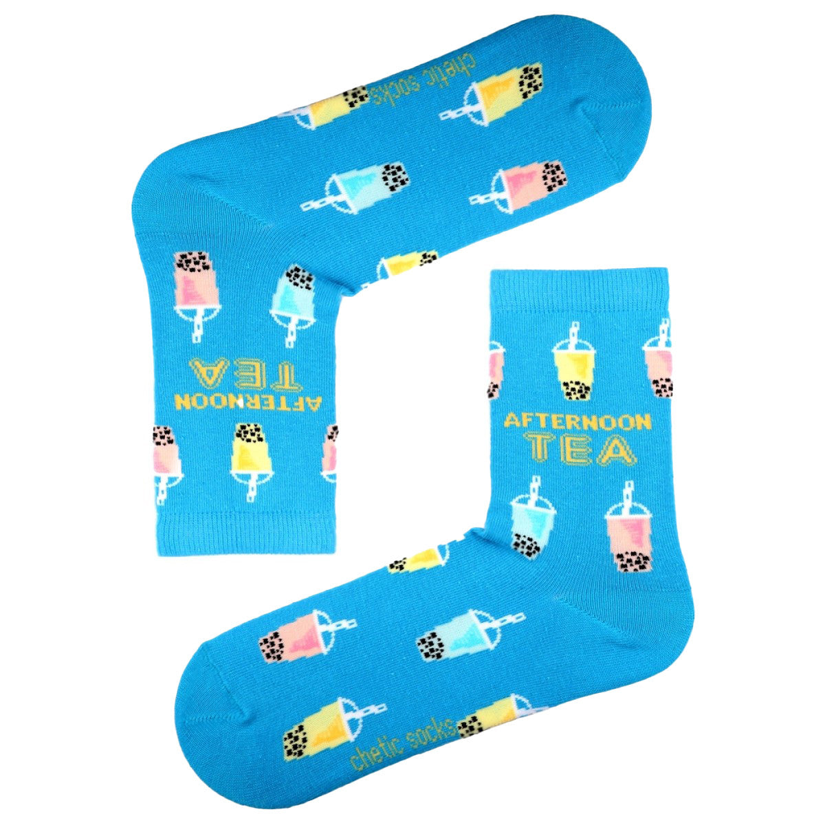 Women’s socks featuring colorful bubble tea cups in a playful and vibrant design.