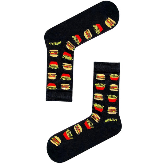 Black socks with burgers and fries pattern – fun, unisex fast food-themed design.