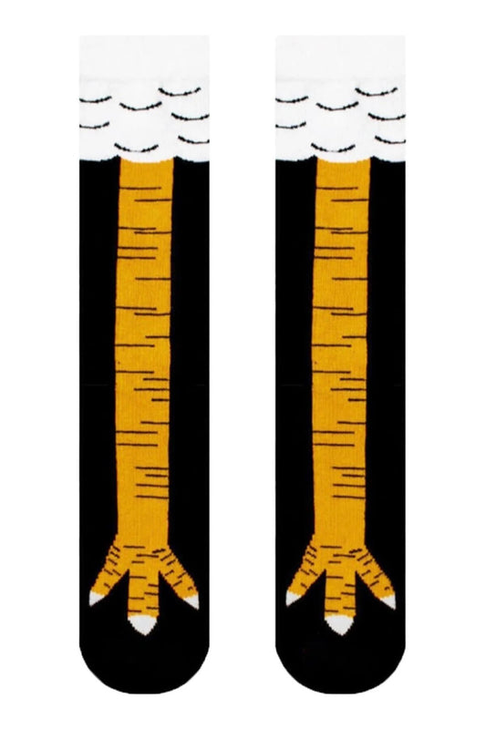 Funny knee-high socks designed to look like real chicken legs, perfect for laughs and costumes.