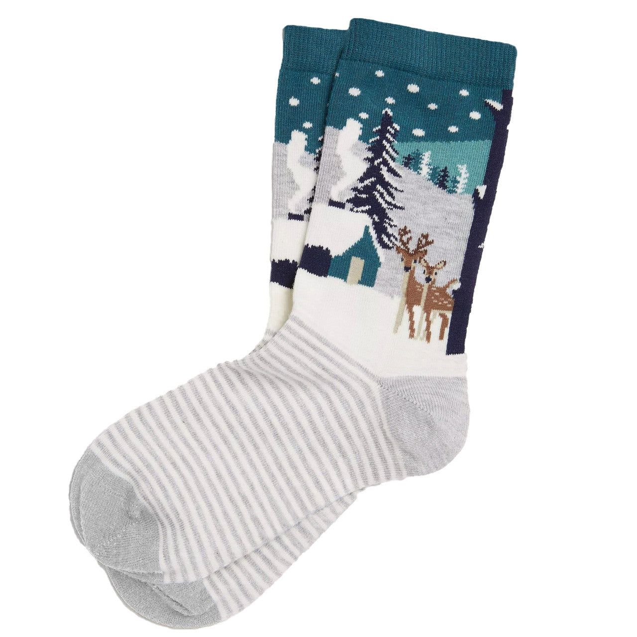 Winter-themed socks with deer, snowy forest background, trees, and a cozy wooden hut.