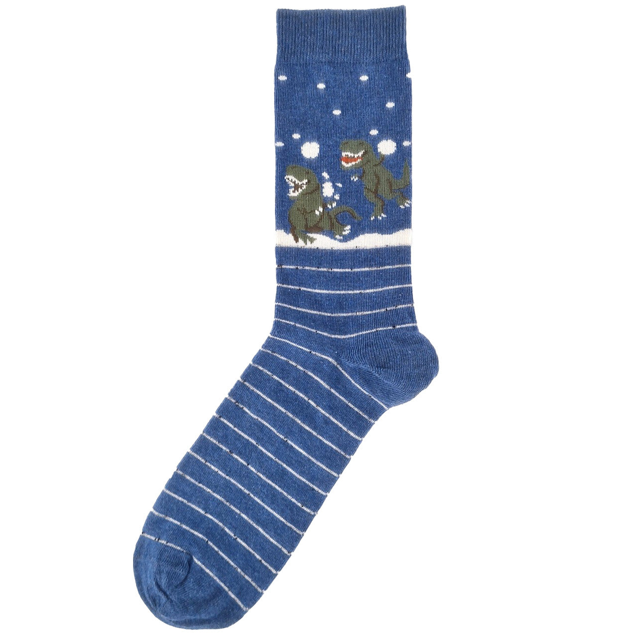 Men’s blue socks featuring two dinosaurs playing with snowballs in a fun winter-themed design.