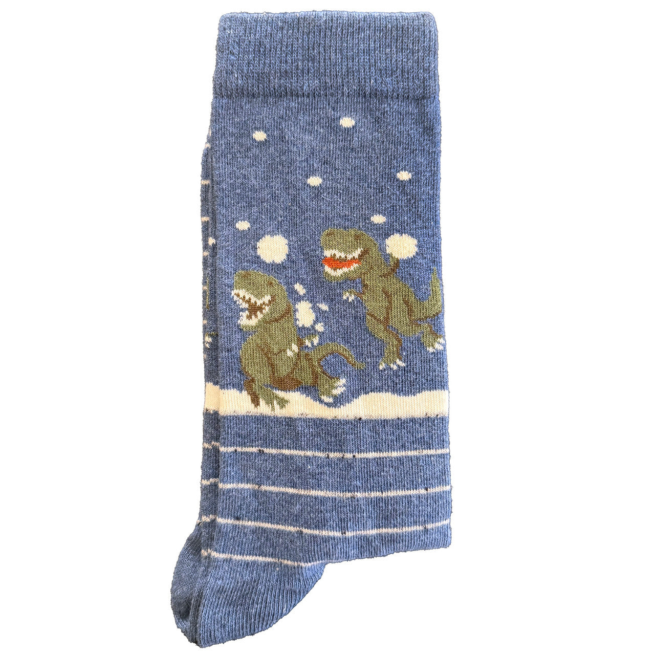 Men’s blue socks featuring two dinosaurs playing with snowballs in a fun winter-themed design.