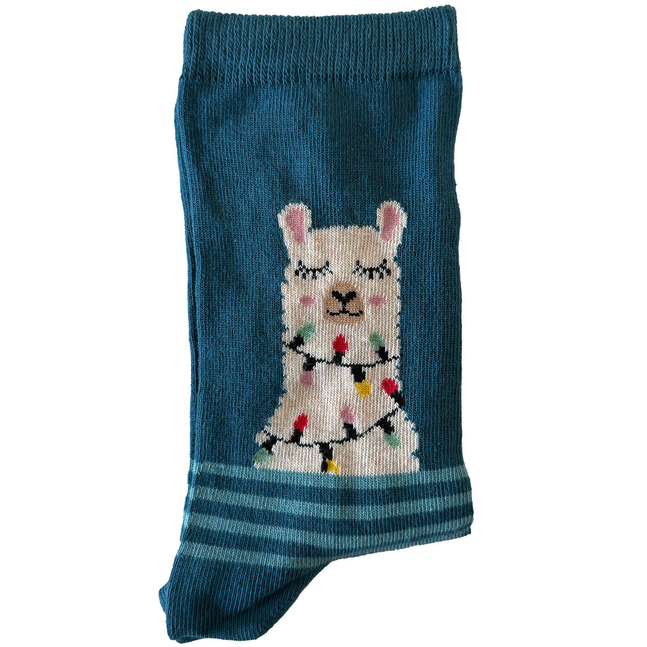 Women’s socks featuring a llama wearing colorful Christmas lights around its neck in a festive design.
