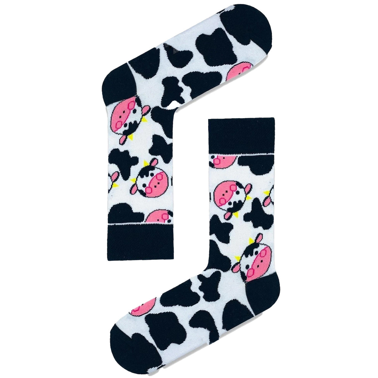 Cow print socks with cow faces, black and white farm-themed design.