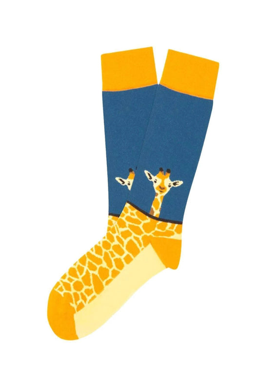 Yellow and blue unisex socks with cartoon giraffes, fun animal-themed socks.