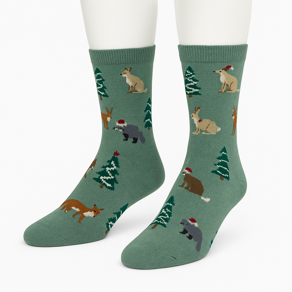 Green Forest Animal Socks – Fox, Rabbit & Christmas Trees (Unisex Holiday Crew Socks)