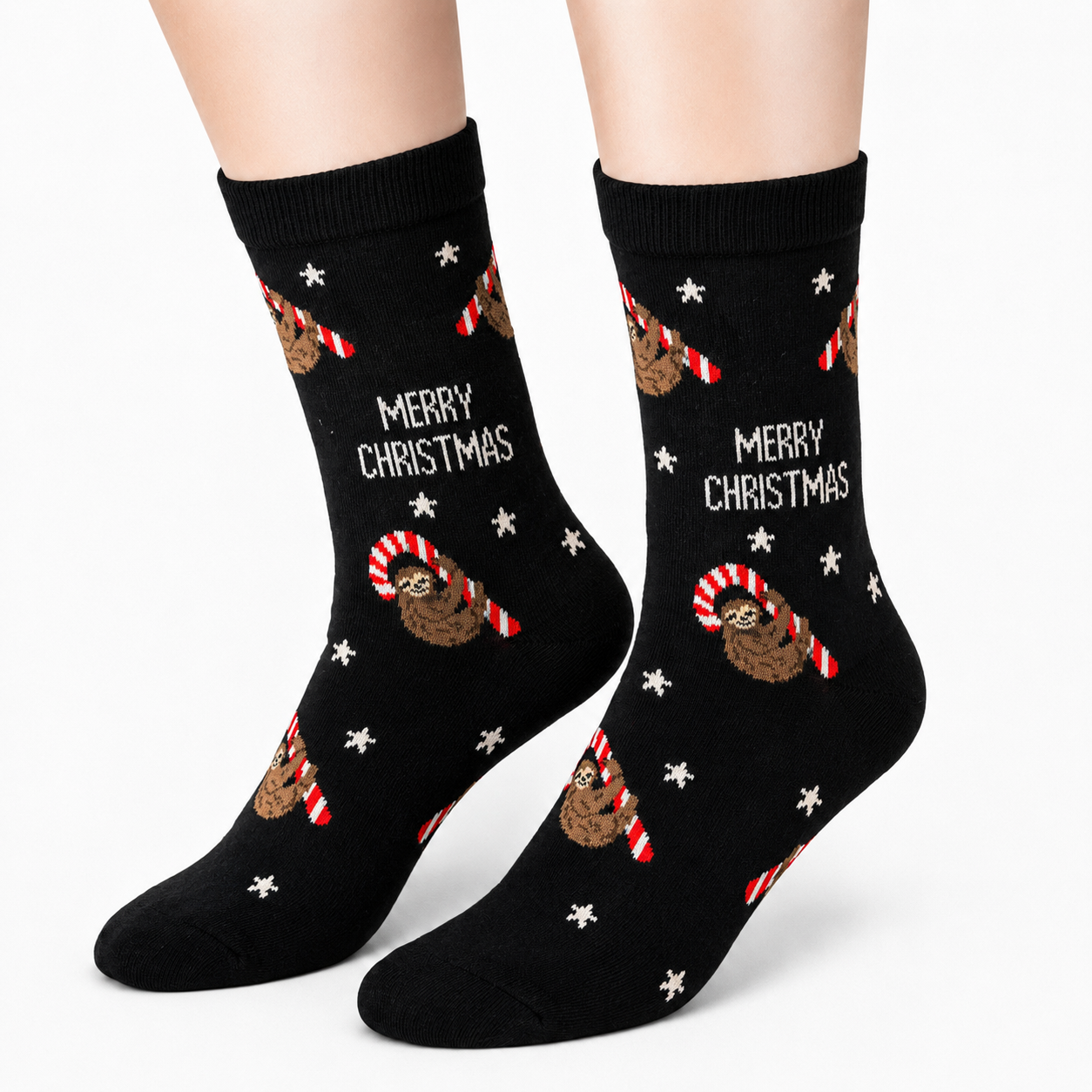 Sloth on Candy Cane Christmas Socks (Unisex)