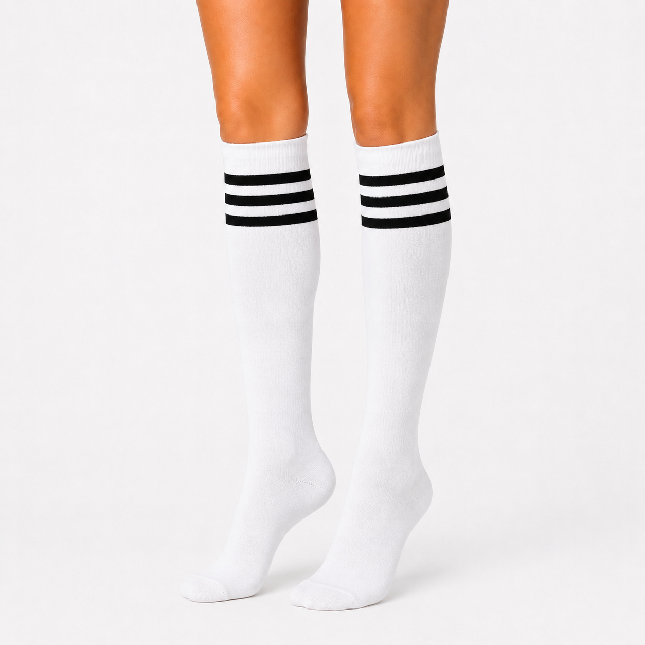 White Knee-High Socks with Black Stripes (Unisex)