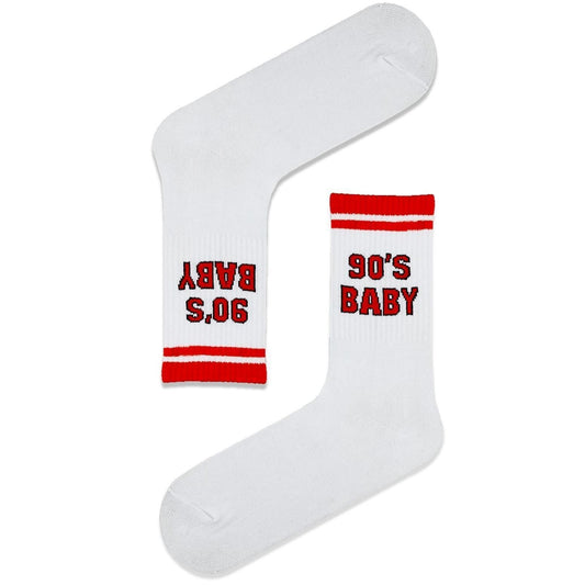 90s Baby Sports Socks – White Crew Socks with Red Text (Unisex)