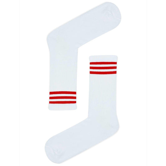 White Sports Socks with Three Red Stripes – Classic Athletic Crew Socks (Unisex)