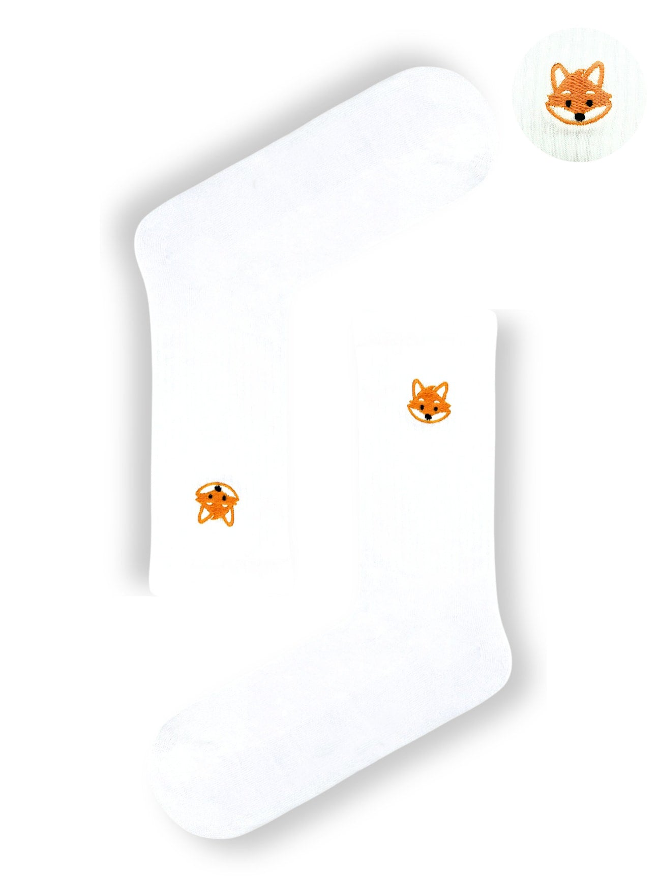 White Sports Socks with Embroidered Fox Head – Classic Crew Socks (Unisex)