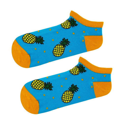 Short Blue Socks with Pineapples & Orange Dots – Fun Fruit Ankle Socks (Unisex)