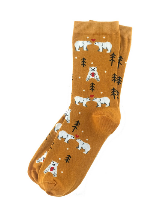Yellow socks featuring polar bears and love hearts in a playful and cozy design.