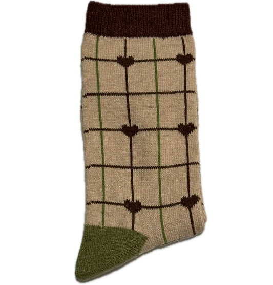 Lines and hearts design on beige background Wool & Angora women’s winter socks, warm and elegant.