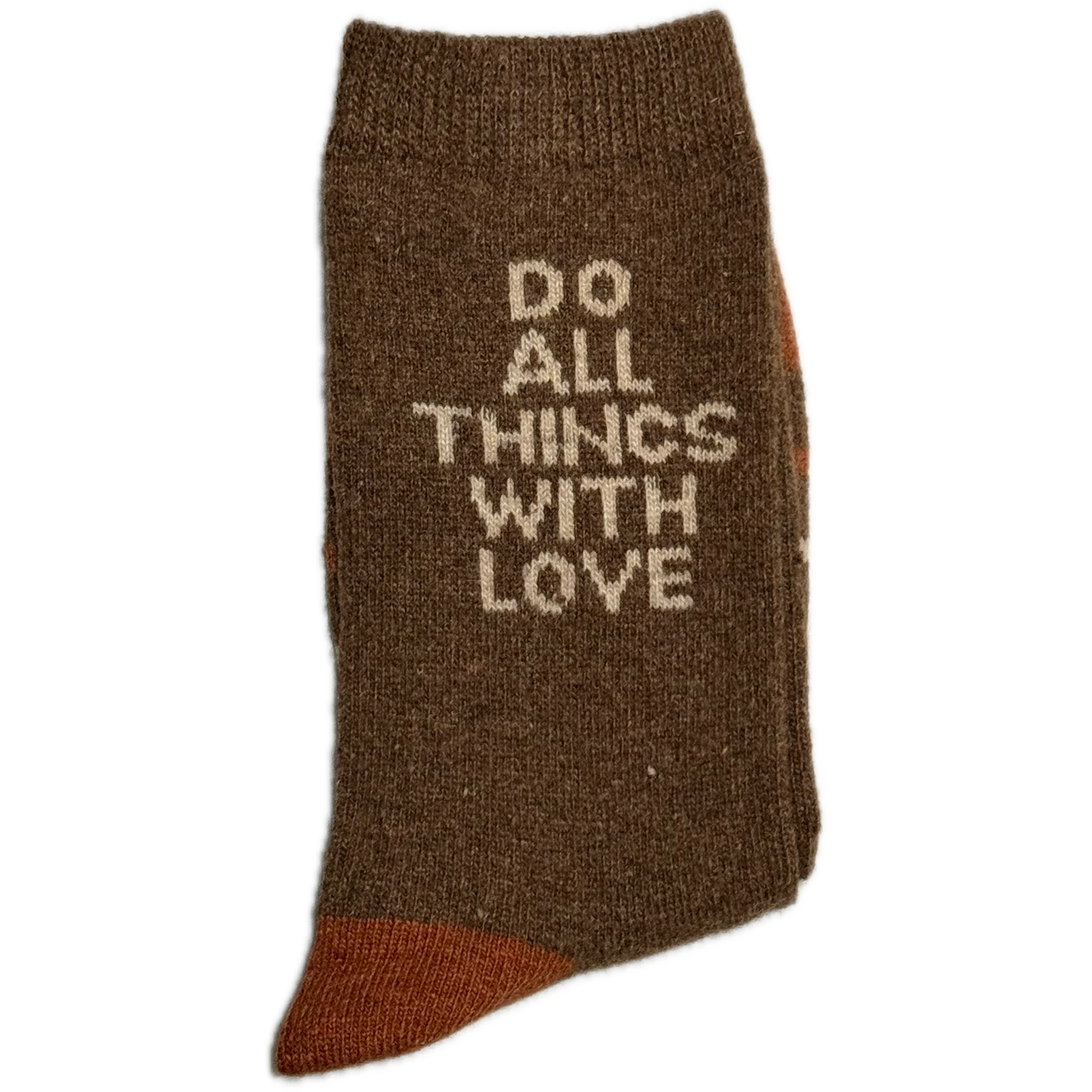 Brown Wool & Angora women’s socks with “Do All Things with Love” print, warm and luxurious.