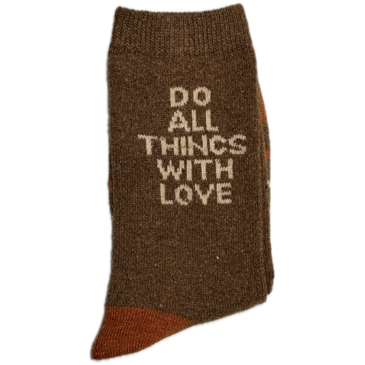 Brown Wool & Angora women’s socks with “Do All Things with Love” print, warm and luxurious.