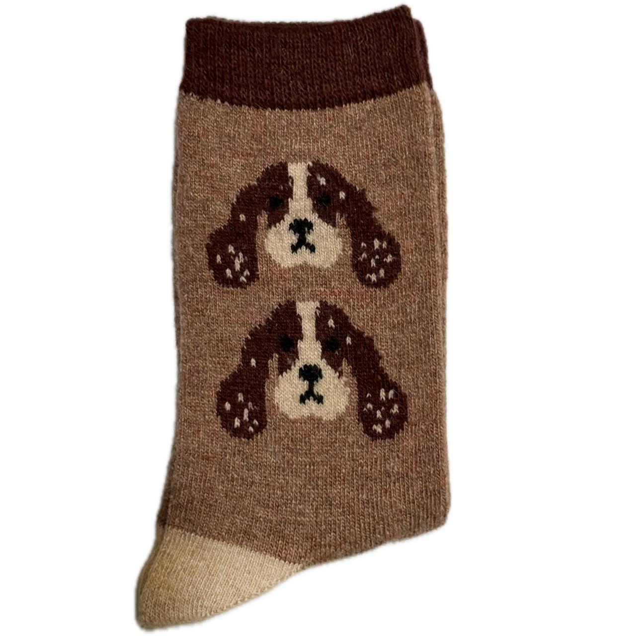 Brown Wool & Angora women’s socks with puppy faces, warm, cozy, and stylish.