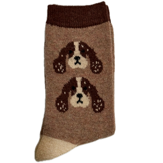 Brown Wool & Angora women’s socks with puppy faces, warm, cozy, and stylish.