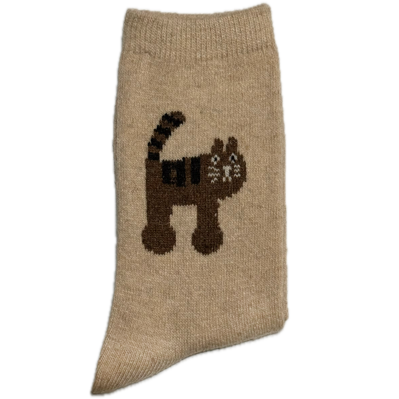 Beige Wool & Angora women’s socks with cat print, warm, stylish, and cozy for winter.
