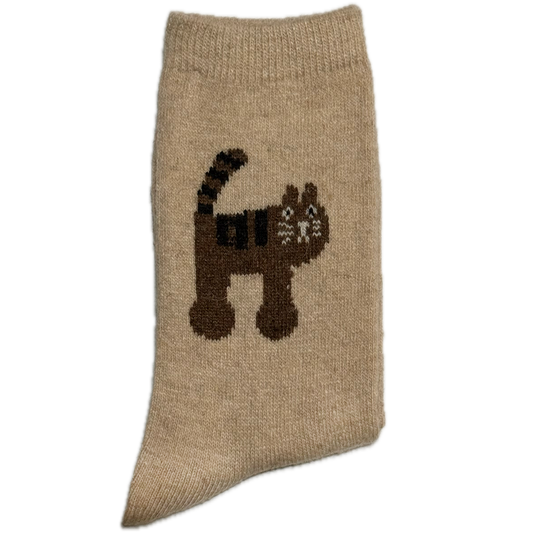 Beige Wool & Angora women’s socks with cat print, warm, stylish, and cozy for winter.