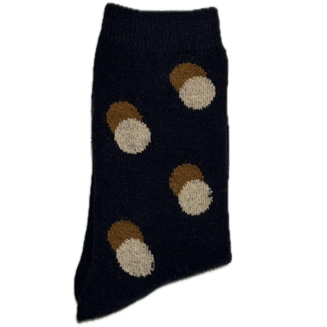 Navy Wool & Angora women’s socks with beige and brown dots, warm, cozy, and elegant.