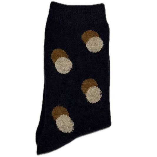 Navy Wool & Angora women’s socks with beige and brown dots, warm, cozy, and elegant.