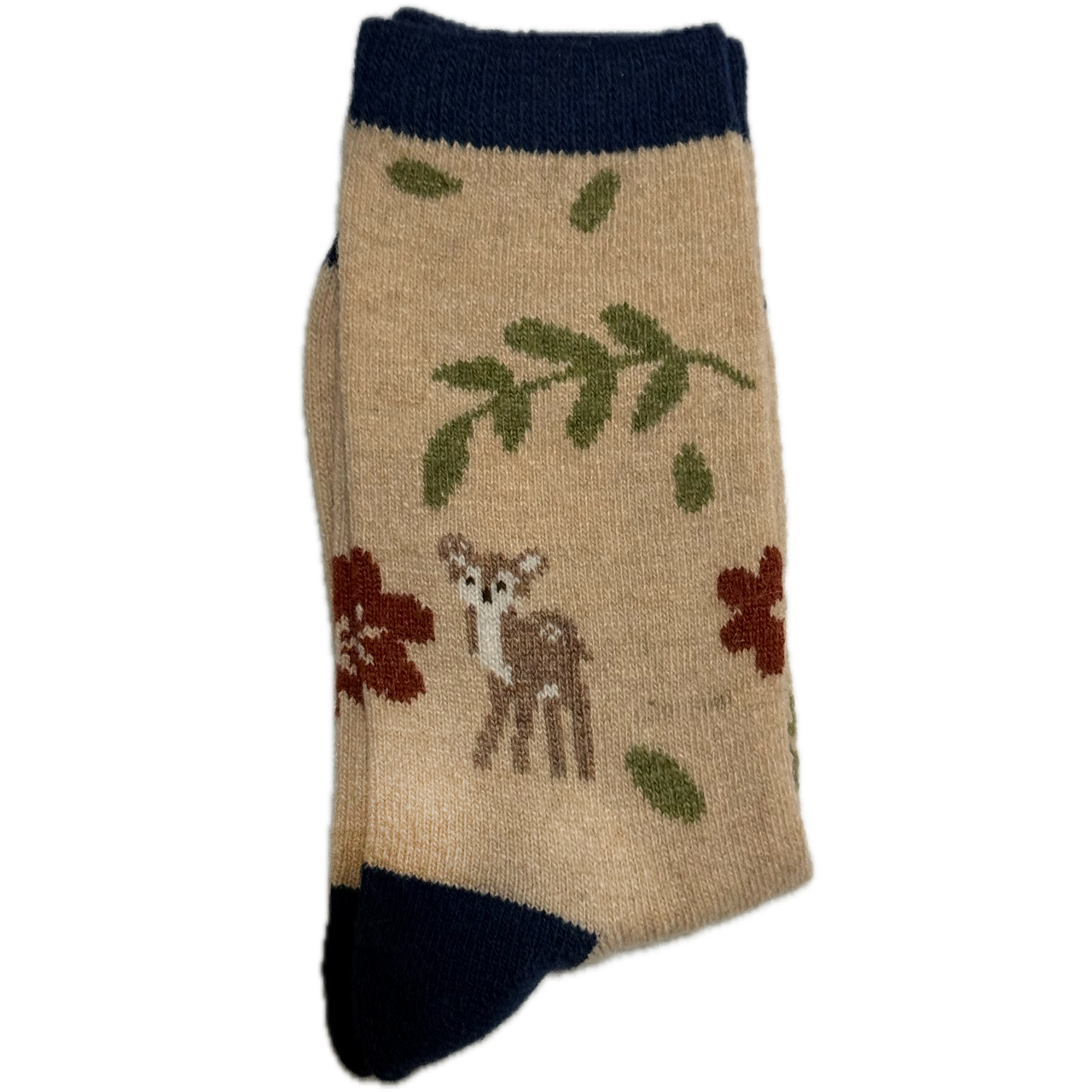 Beige Wool & Angora women’s socks with baby deer and flower design, warm and luxurious for winter.