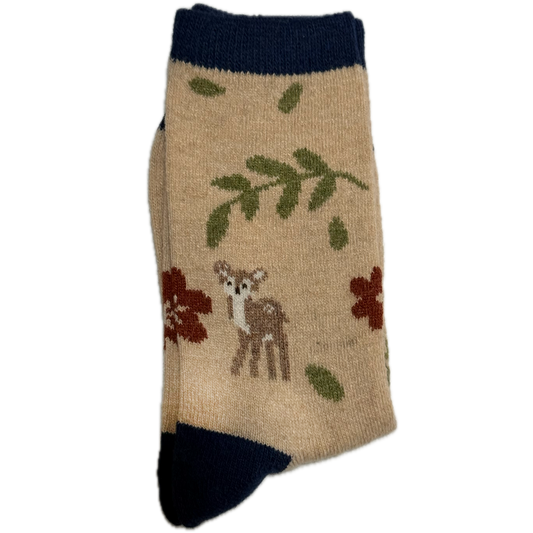 Beige Wool & Angora women’s socks with baby deer and flower design, warm and luxurious for winter.