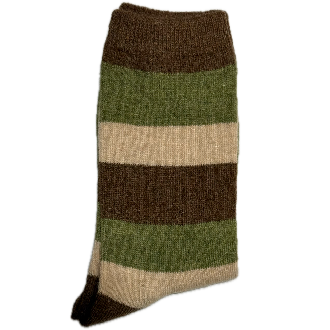 Green, beige, and brown striped Wool & Angora women’s socks, warm, cozy, and stylish for winter.