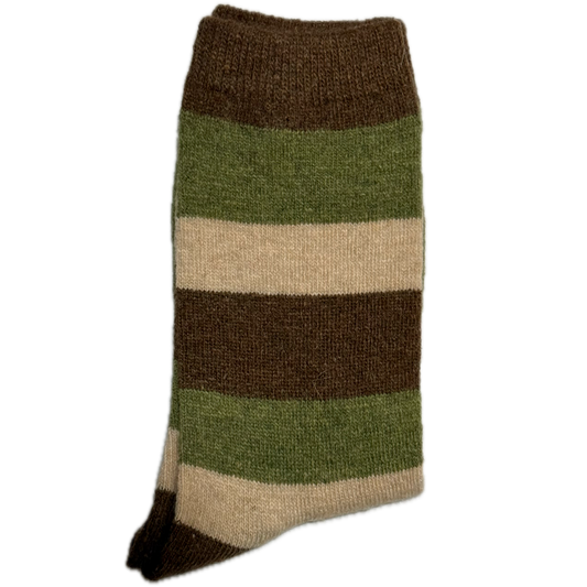 Green, beige, and brown striped Wool & Angora women’s socks, warm, cozy, and stylish for winter.