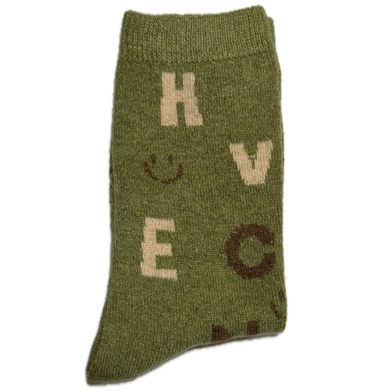 Green Wool & Angora women’s socks with random letters design, warm, cozy, and stylish for winter.