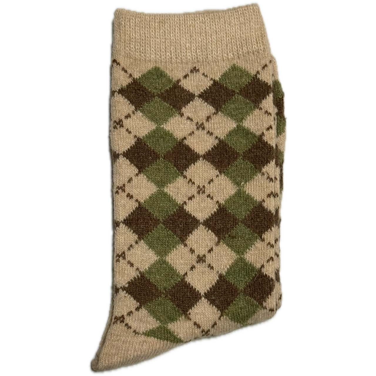 Beige Wool & Angora women’s socks with green diamond design, warm, cozy, and elegant for winter.