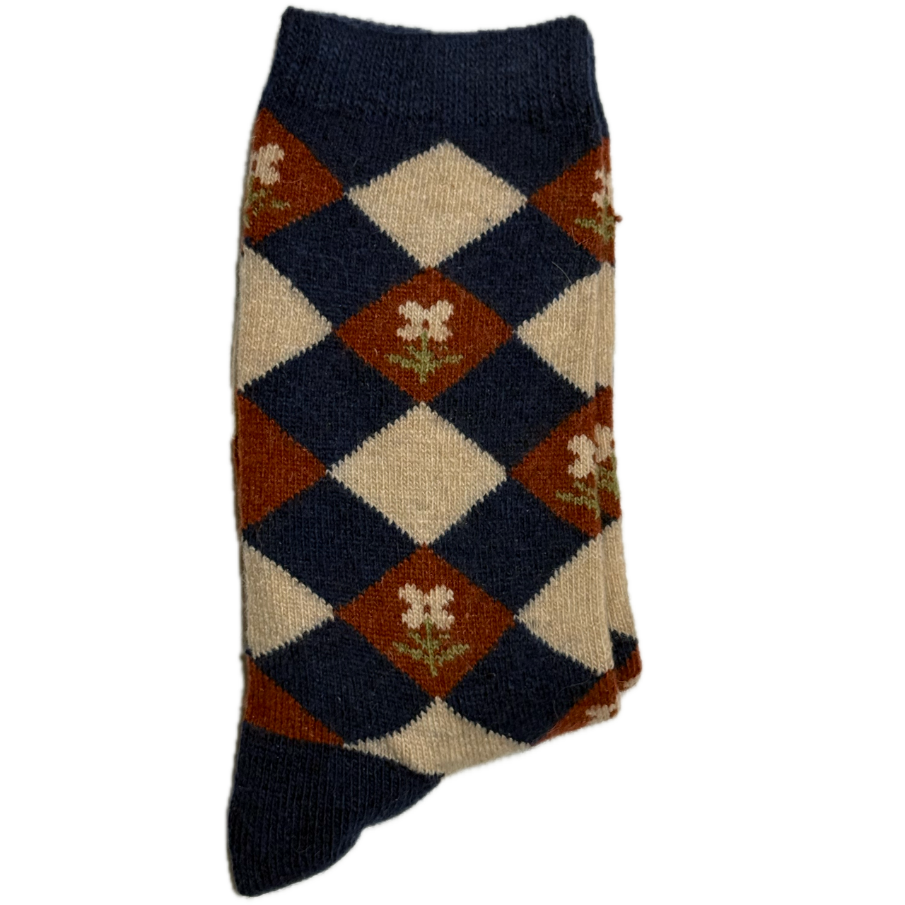 Beige and navy Wool & Angora women’s socks with maroon diamond and flower design, warm, cozy, and elegant for winter.