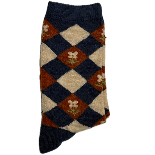Beige and navy Wool & Angora women’s socks with maroon diamond and flower design, warm, cozy, and elegant for winter.