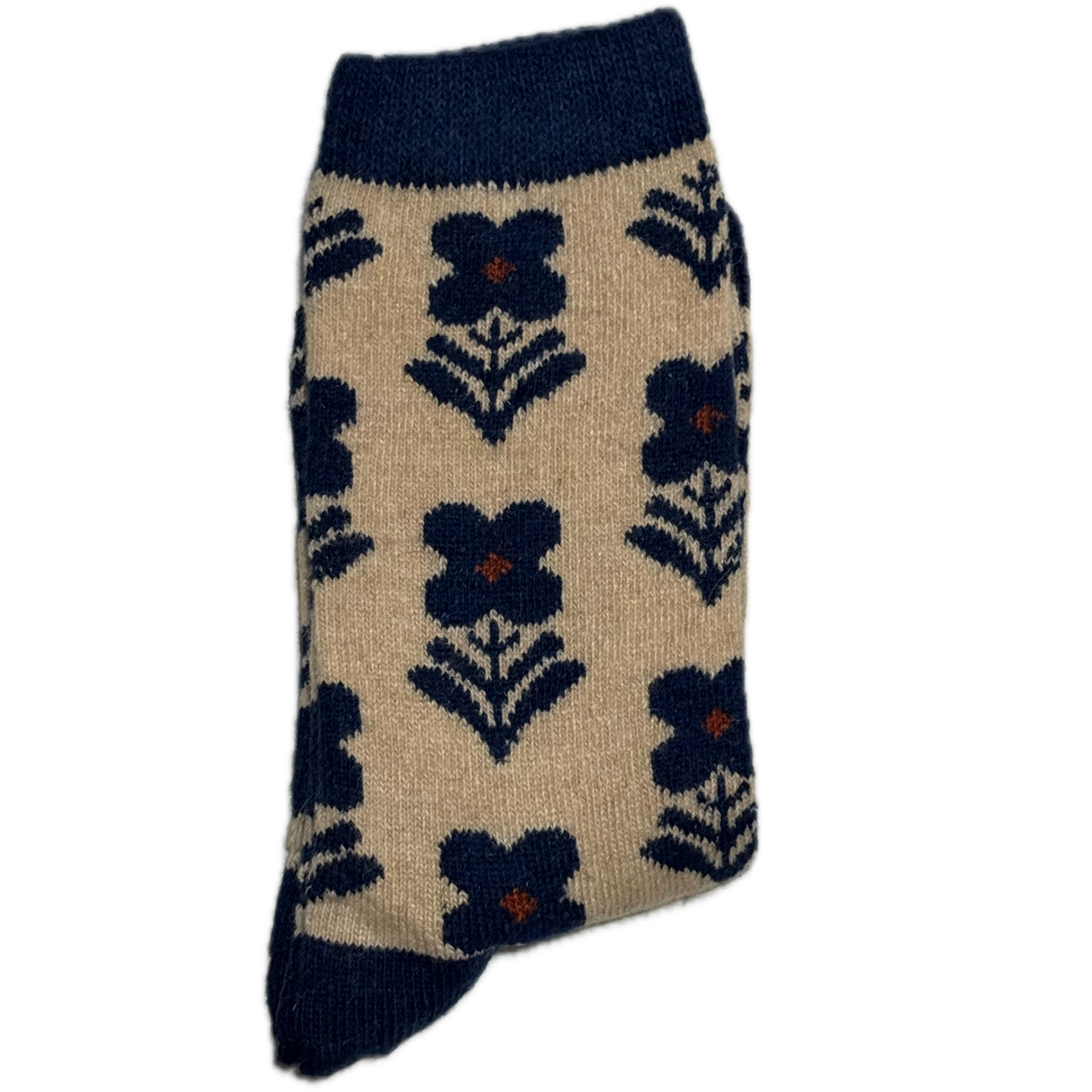 Navy Wool & Angora women’s socks with beige flower design, warm, cozy, and stylish for winter.