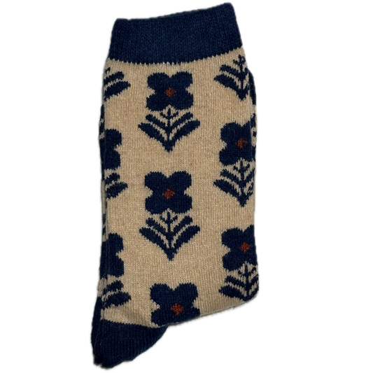 Navy Wool & Angora women’s socks with beige flower design, warm, cozy, and stylish for winter.