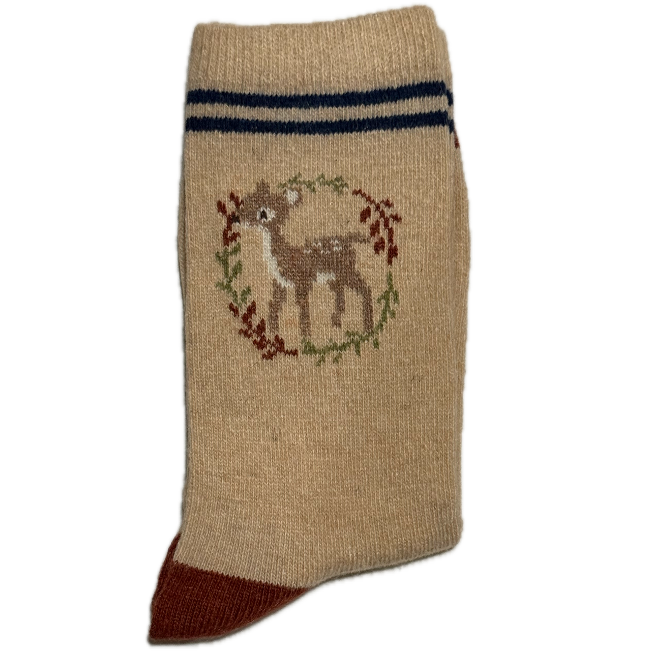Beige Wool & Angora women’s socks with deer in leaf circle design, warm, cozy, and elegant for winter.