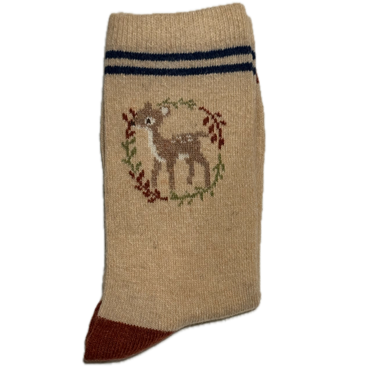 Beige Wool & Angora women’s socks with deer in leaf circle design, warm, cozy, and elegant for winter.