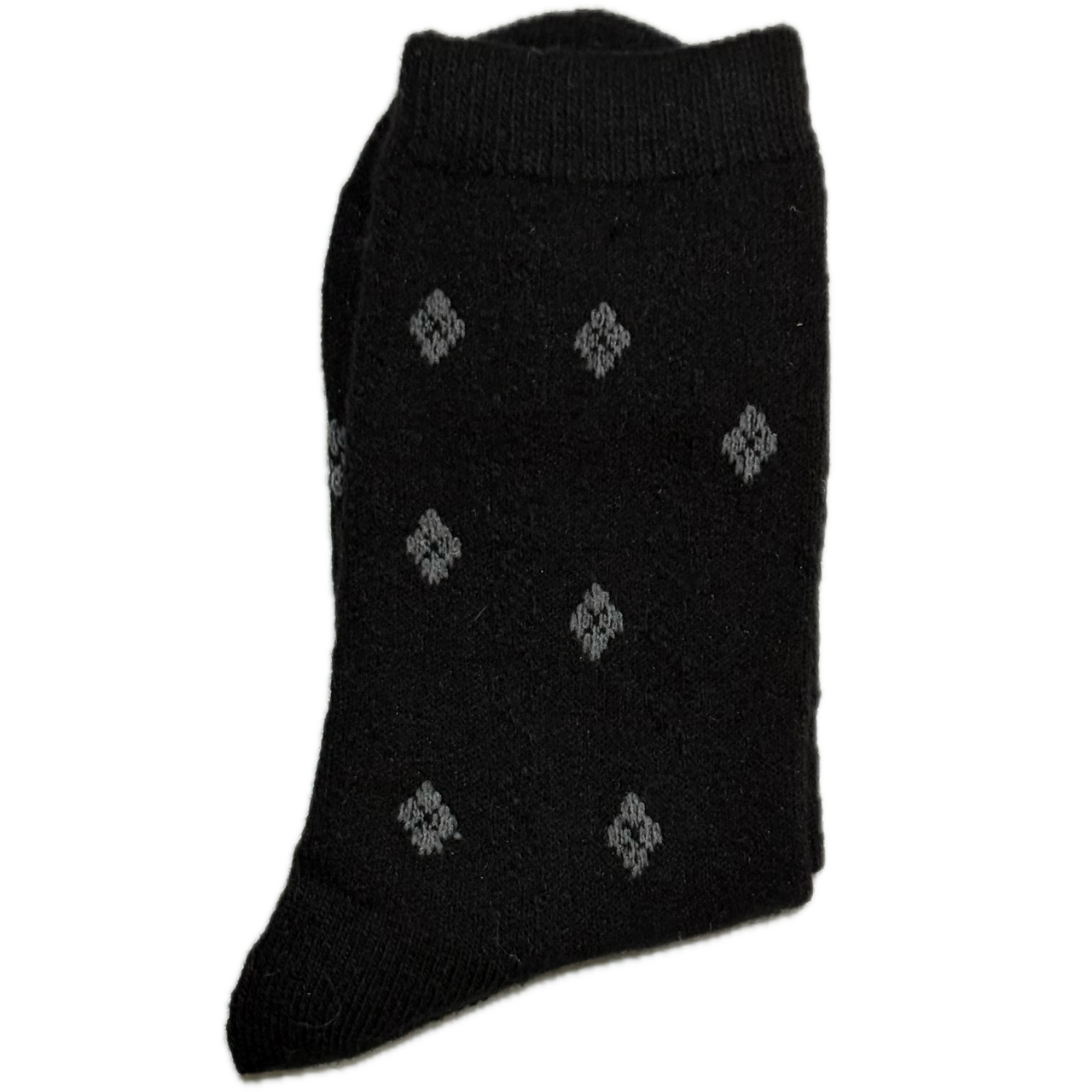 Black Wool & Angora women’s socks with grey diamond design, warm, cozy, and elegant for winter.