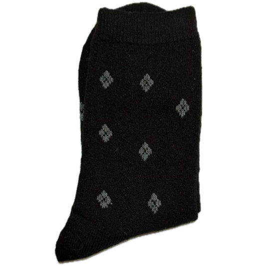 Black Wool & Angora women’s socks with grey diamond design, warm, cozy, and elegant for winter.
