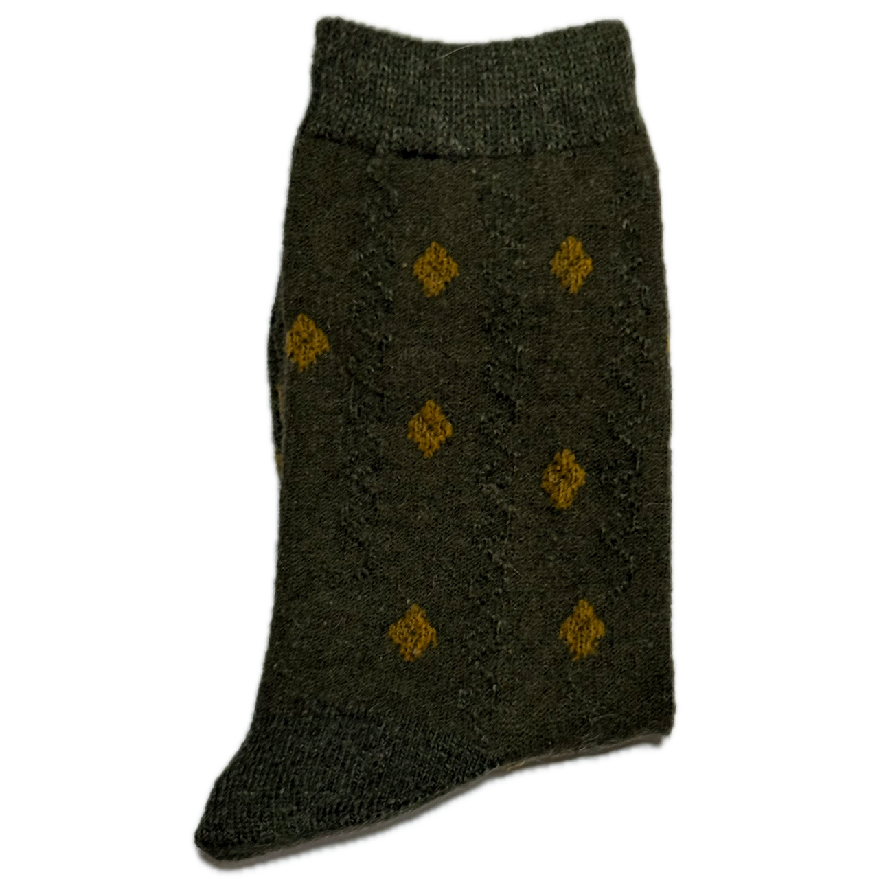 Green Wool & Angora women’s socks with mustard diamond design, warm, cozy, and stylish for winter.