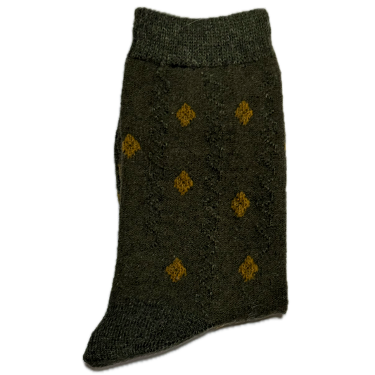 Green Wool & Angora women’s socks with mustard diamond design, warm, cozy, and stylish for winter.