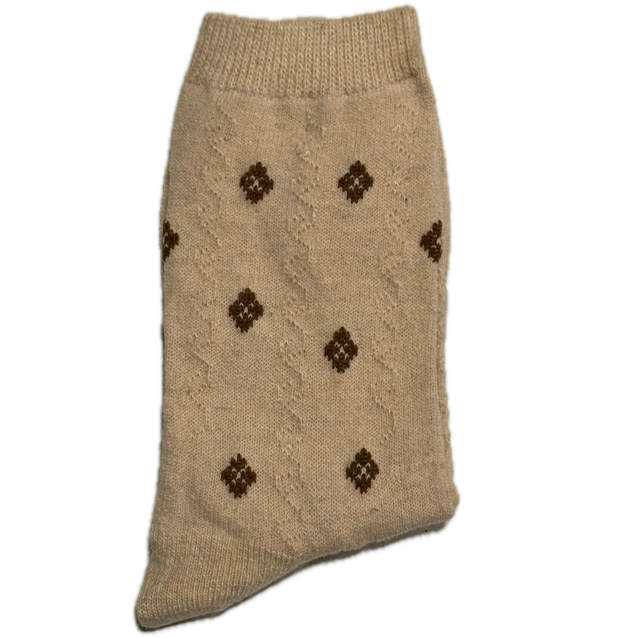 Beige Wool & Angora women’s socks with brown diamond design, warm, cozy, and elegant for winter.