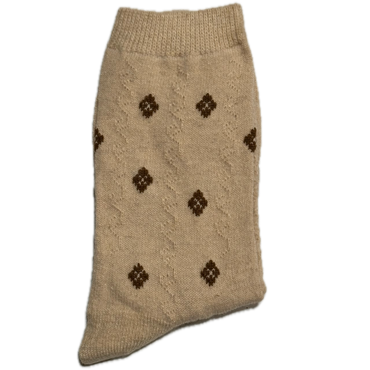 Beige Wool & Angora women’s socks with brown diamond design, warm, cozy, and elegant for winter.