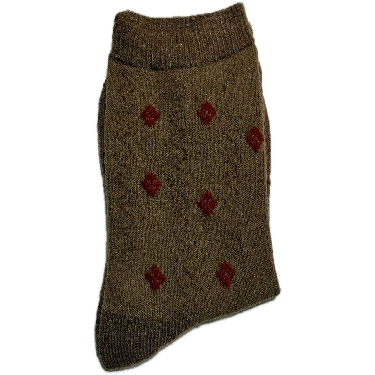 Brown Wool & Angora women’s socks with red diamond design, warm, cozy, and stylish for winter.